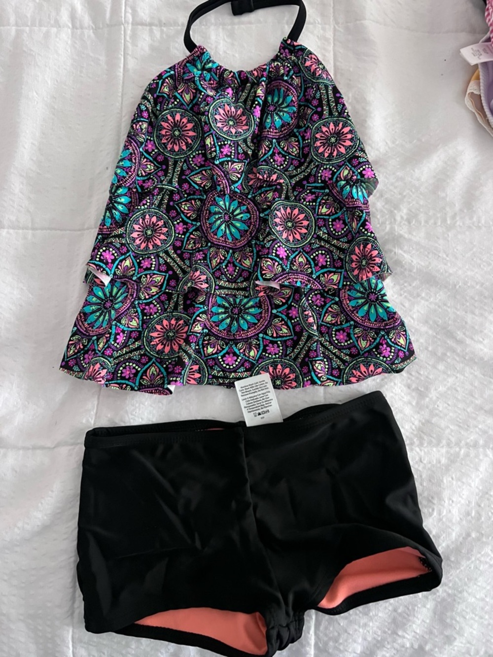 Girls' Black Swim Skort Set with Pink & Teal Floral Medallion Tankini Top